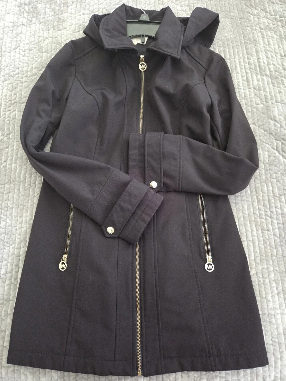Michael Kors Black Zip-Front Pea Coat with Gold MK Accents